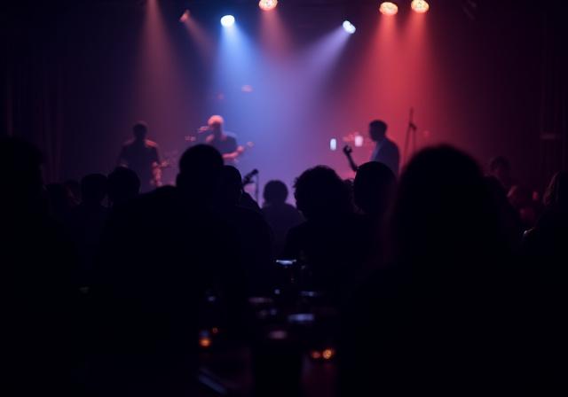 Gedimmtes Licht und Silhouetten von Gästen während eines Jazz-Konzerts.