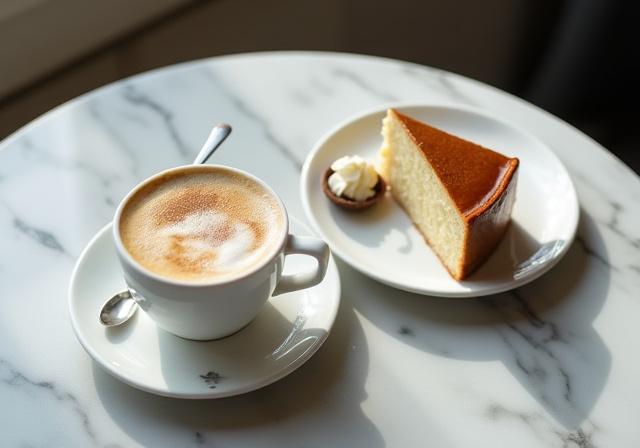 Arrangement aus Cappuccino und einem Stück Esterházy-Torte auf einem Marmortisch.