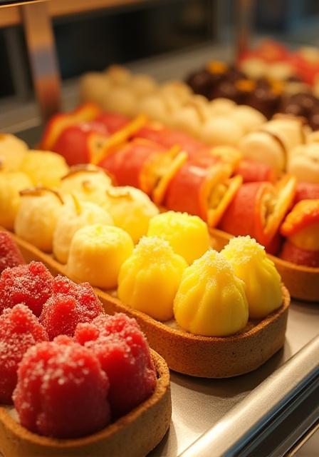 Eine bunte und vielfältige Auslage von Kuchen und Torten in der Vitrine.