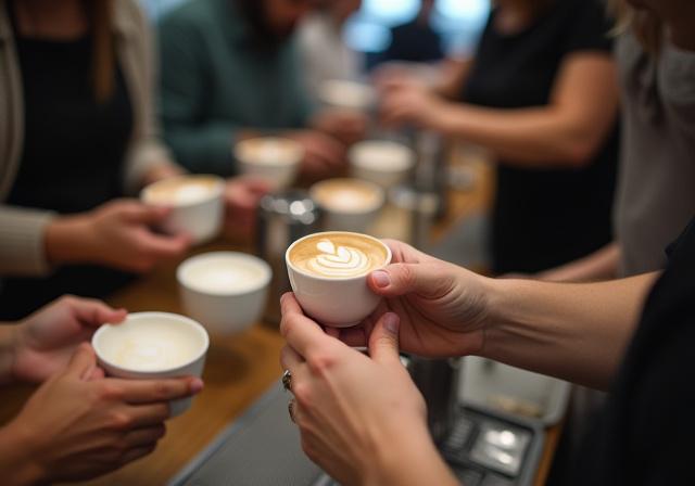 Teilnehmer eines Workshops lernen Latte Art von einem Barista.